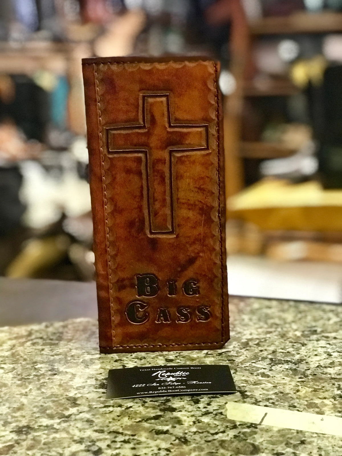 Handmade Custom Leather Items - All Handmade in Texas. Boot Jack, Tally Book, Pistol Case, Holster
