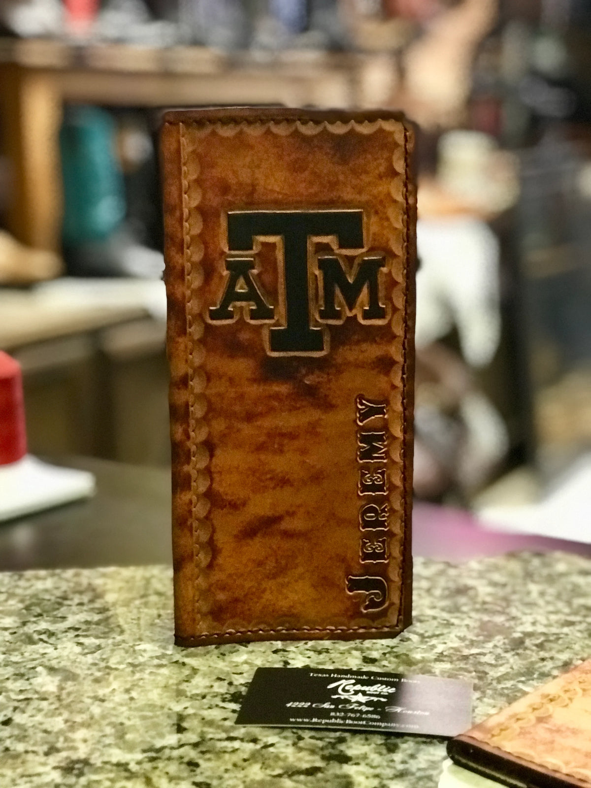 Handmade Custom Leather Items - All Handmade in Texas. Boot Jack, Tally Book, Pistol Case, Holster