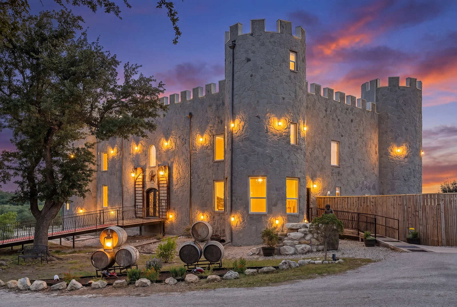 Republic Wine Castle glowing at sunset in Johnson City, Texas