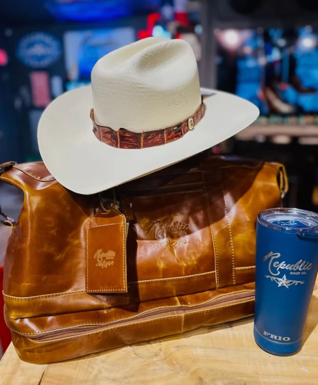 Republic hat, leather travel bag and tumbler
