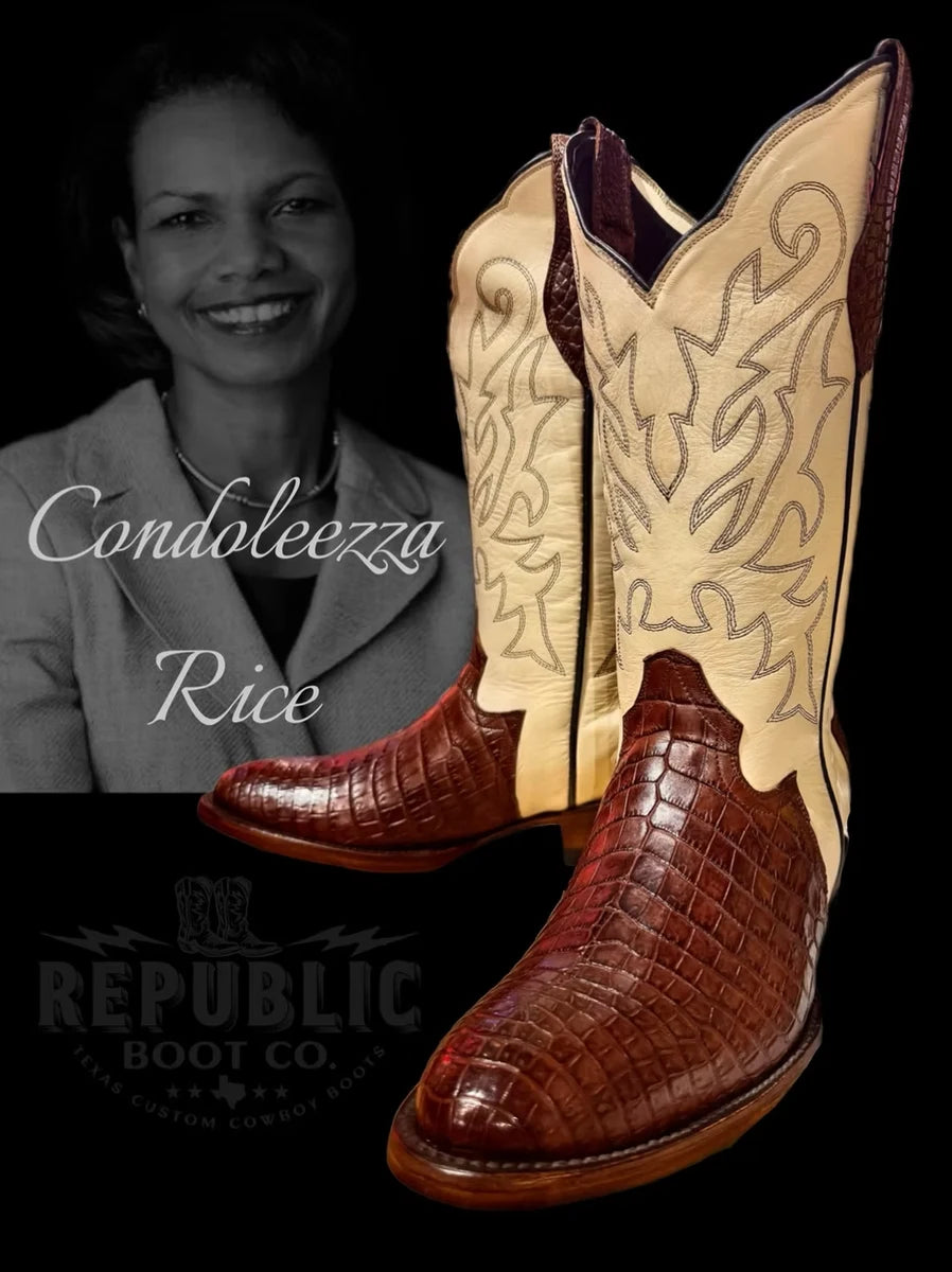 Cream and cognac Republic boots in the Condoleezza Rice Wall of Fame artwork