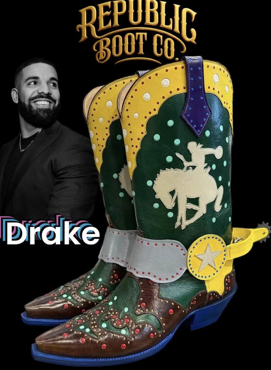 Colorful custom Republic boots in the Drake Wall of Fame artwork