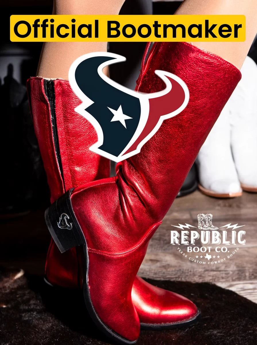 Red Republic boots with Houston Texans artwork and Official Bootmaker lettering