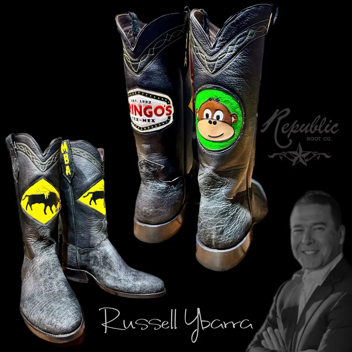 Personalized Republic boots with embroidered logos in the Russell Ybarra Wall of Fame artwork
