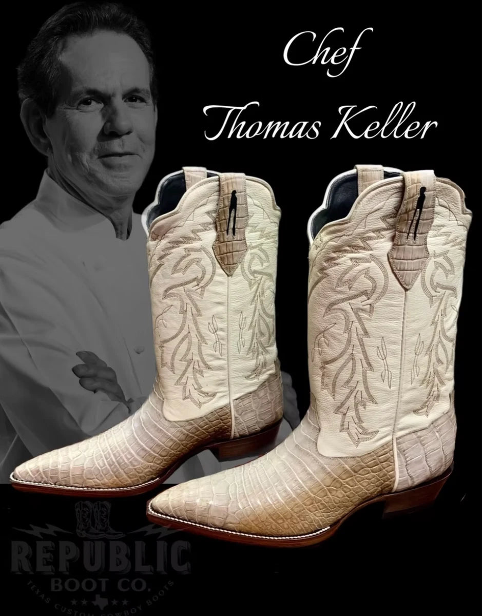 Cream custom Republic boots in the Chef Thomas Keller Wall of Fame artwork