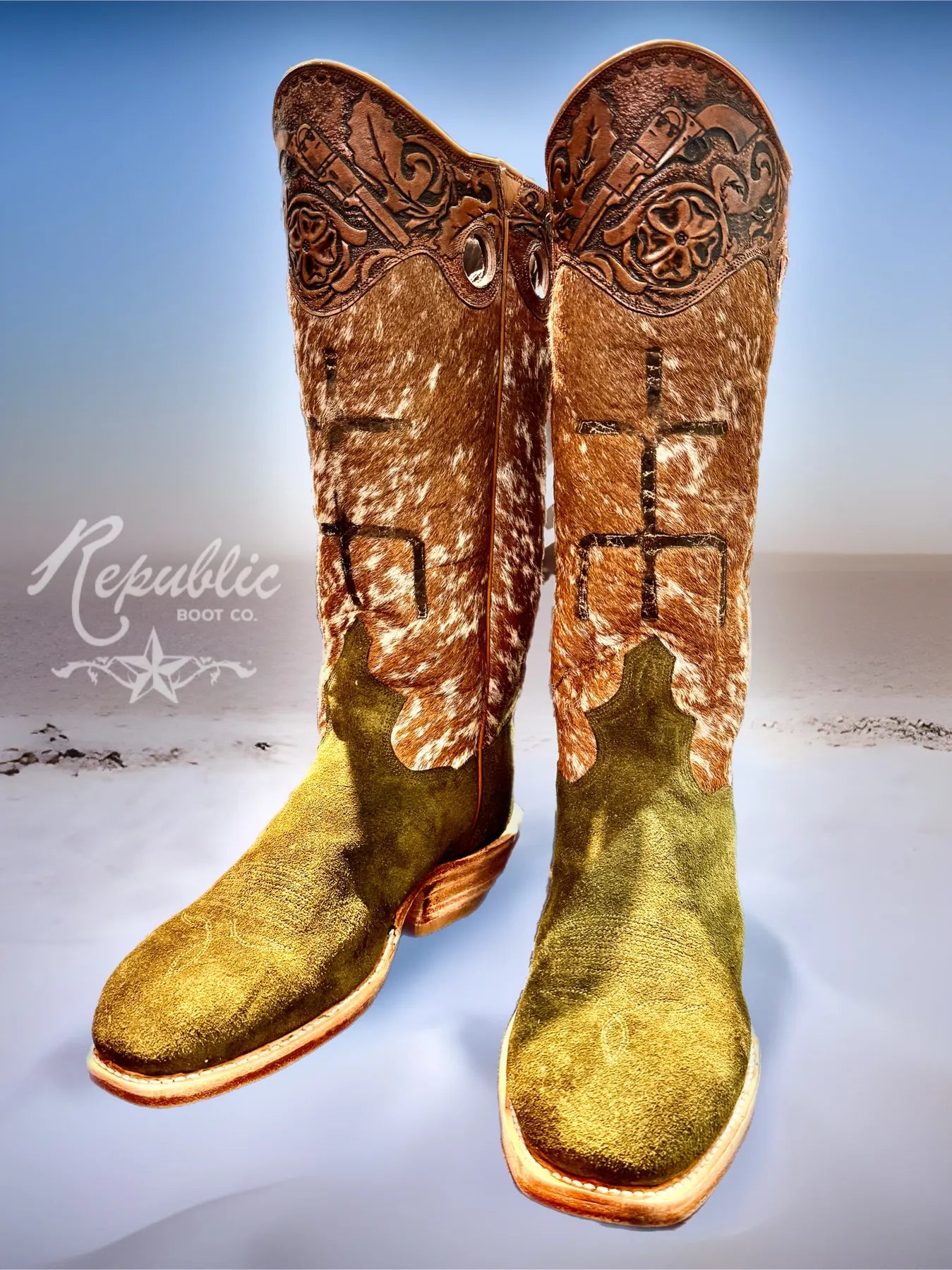 Gun Fighter Tooled Collar, Hair-On Cowhide with Branding Tops and Rough-Out Vamps
